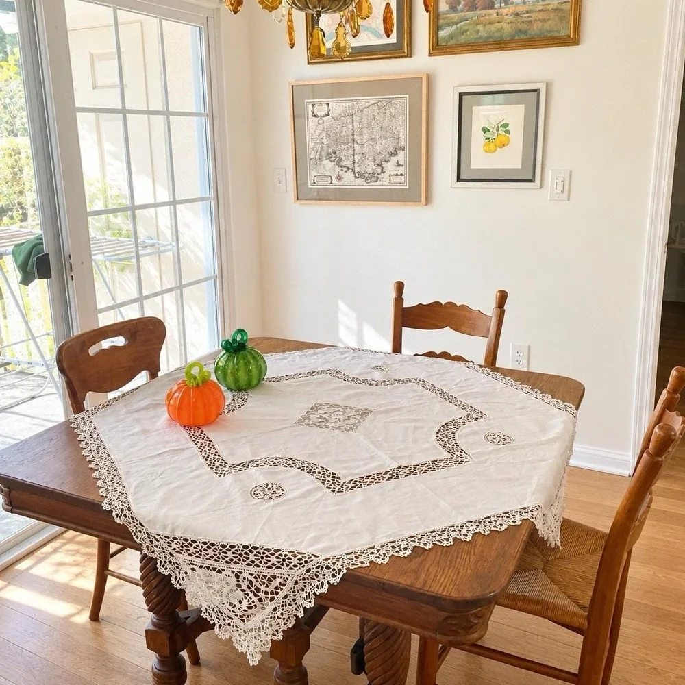 Vintage Linen Crocheted Tablecloth Embroidered White Square 46x46